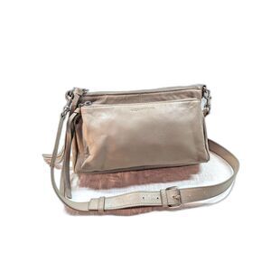 Lucky Brand Leather Crossbody Bag Beige Taupe Multi-Zip Adjustable Strap